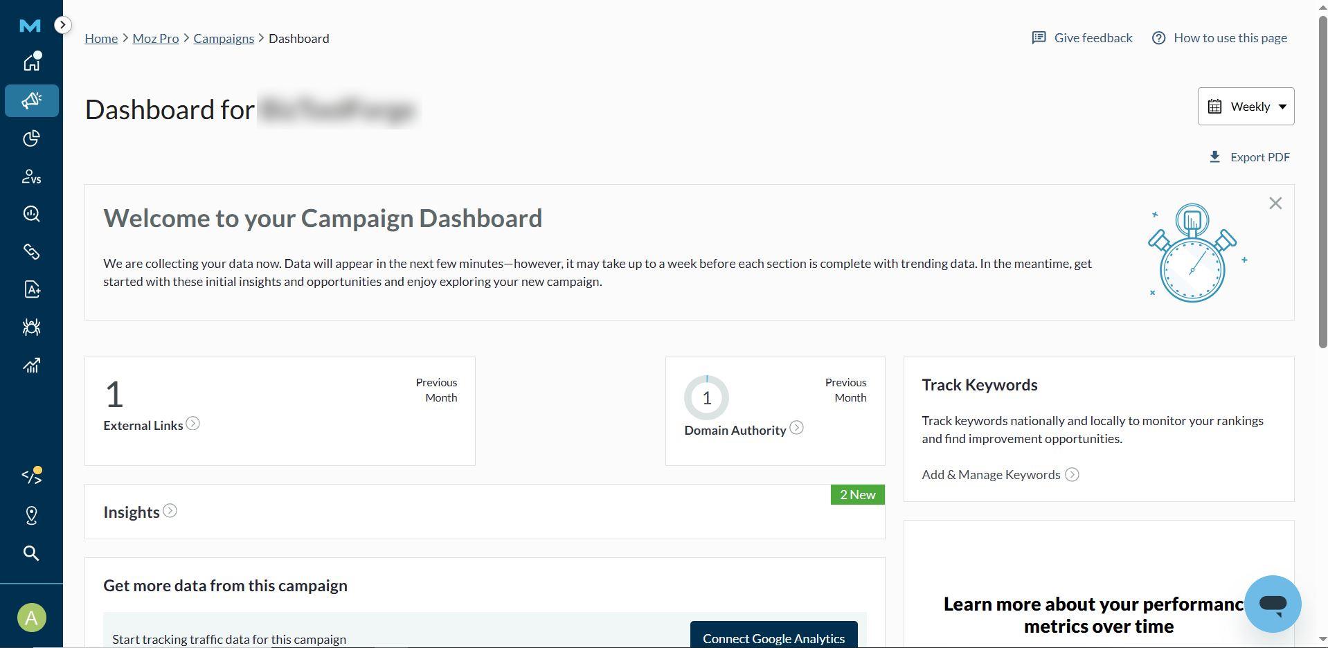 Moz Pro dashboard showing site overview and key SEO metrics