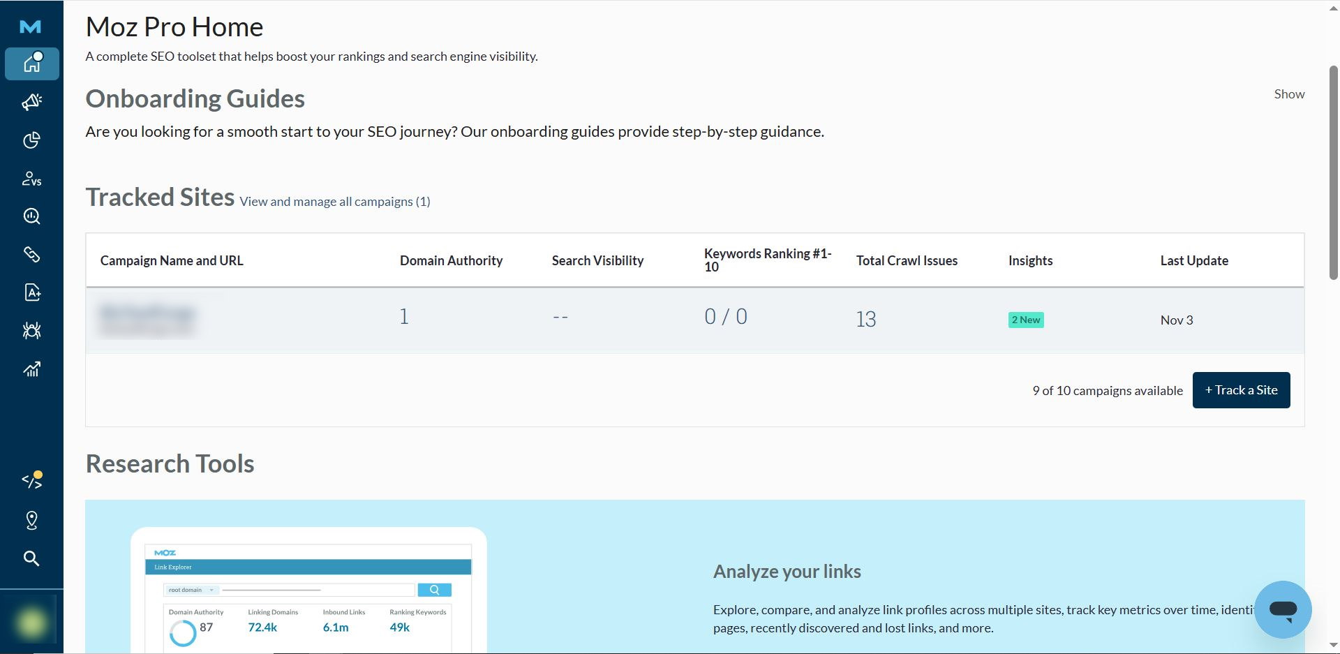 Moz Dashboard showing site metrics