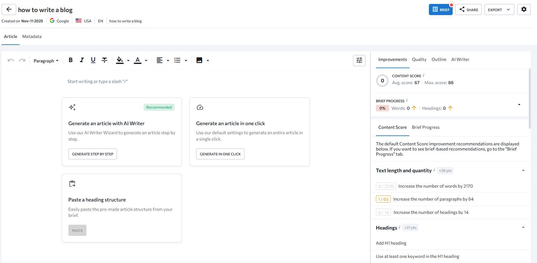 SE Ranking content editor with AI keyword suggestions and readability score displayed