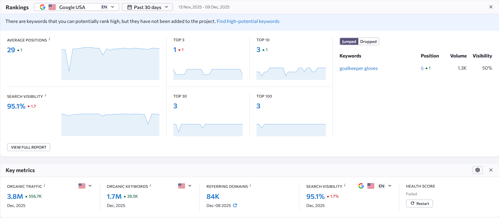 SE Ranking rank tracking interface